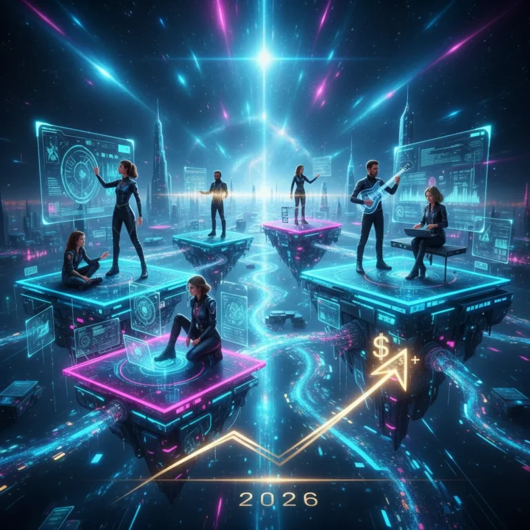 Futuristic digital landscape showing interconnected creator economy platforms and artistic income growth by 2026.