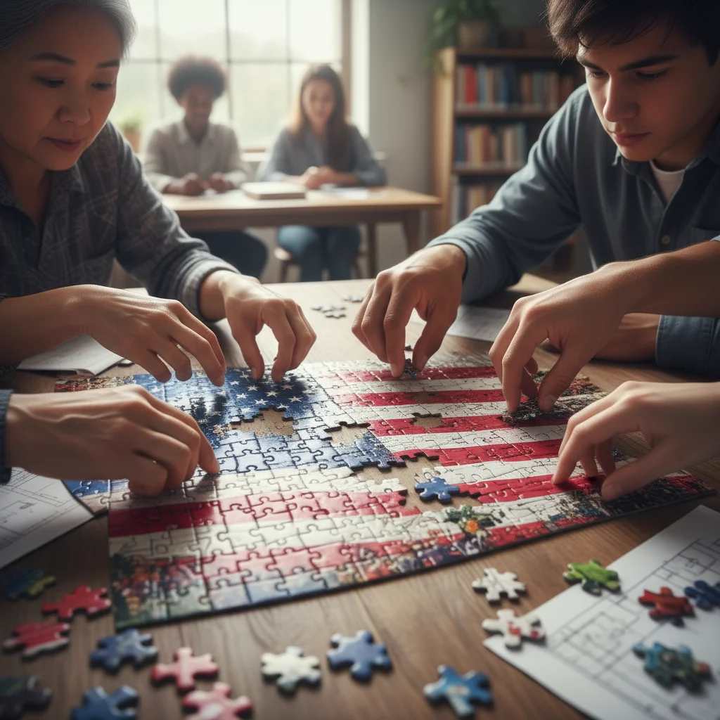 Diverse hands assembling American flag puzzle, symbolizing cultural evolution