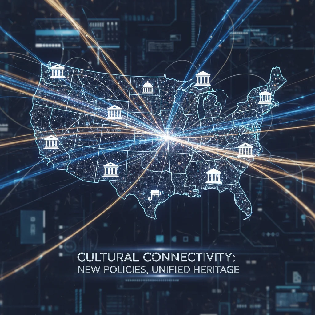 Digital visualization of interconnected cultural institutions across the US, symbolizing integrated policy initiatives.