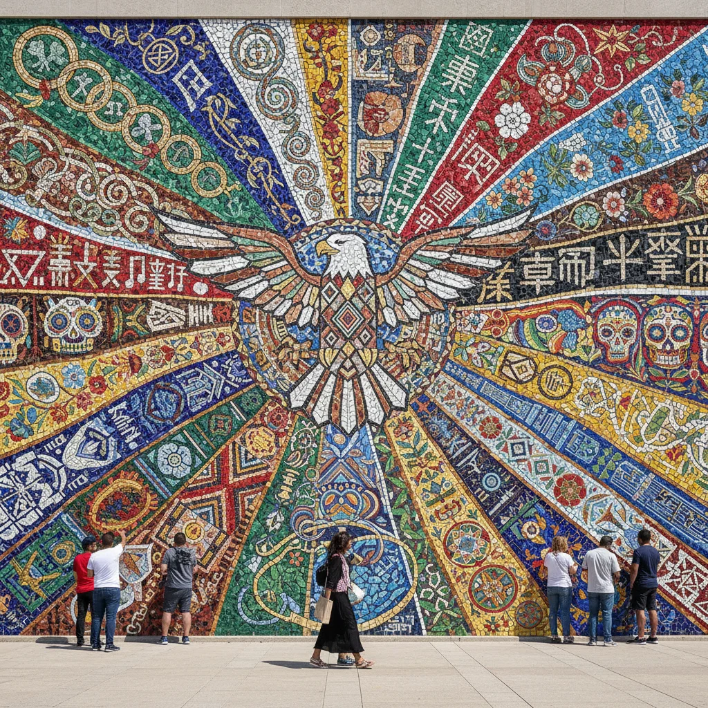 Mosaic of diverse American cultural symbols blending together