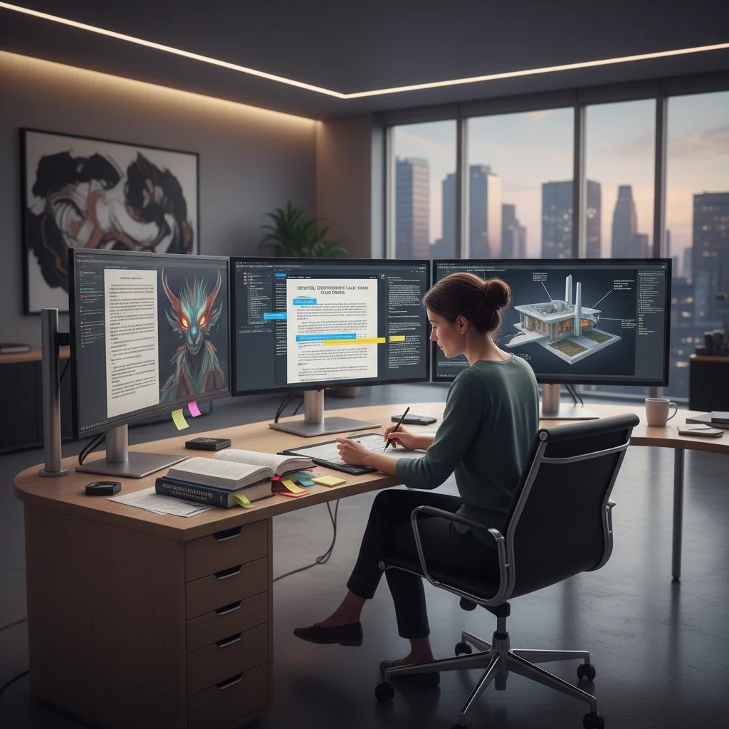 Digital artist reviewing legal documents and artworks on multiple screens.