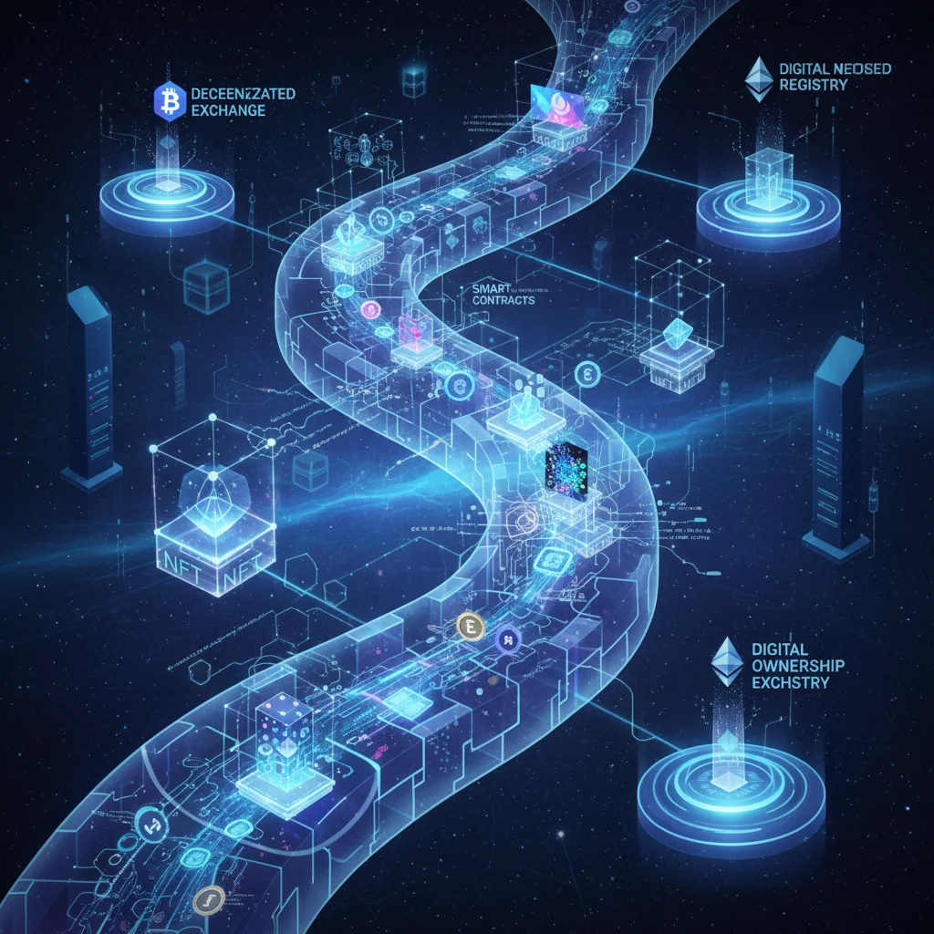 Digital assets flowing through a blockchain network, representing Web3 ownership