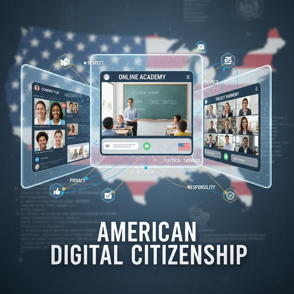 Digital citizenship concept with interconnected screens and ethical digital practices