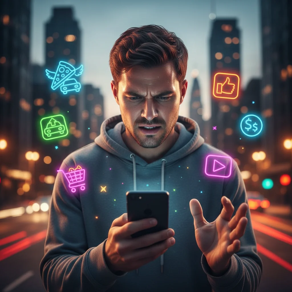 Stressed individual overwhelmed by digital convenience and instant gratification.