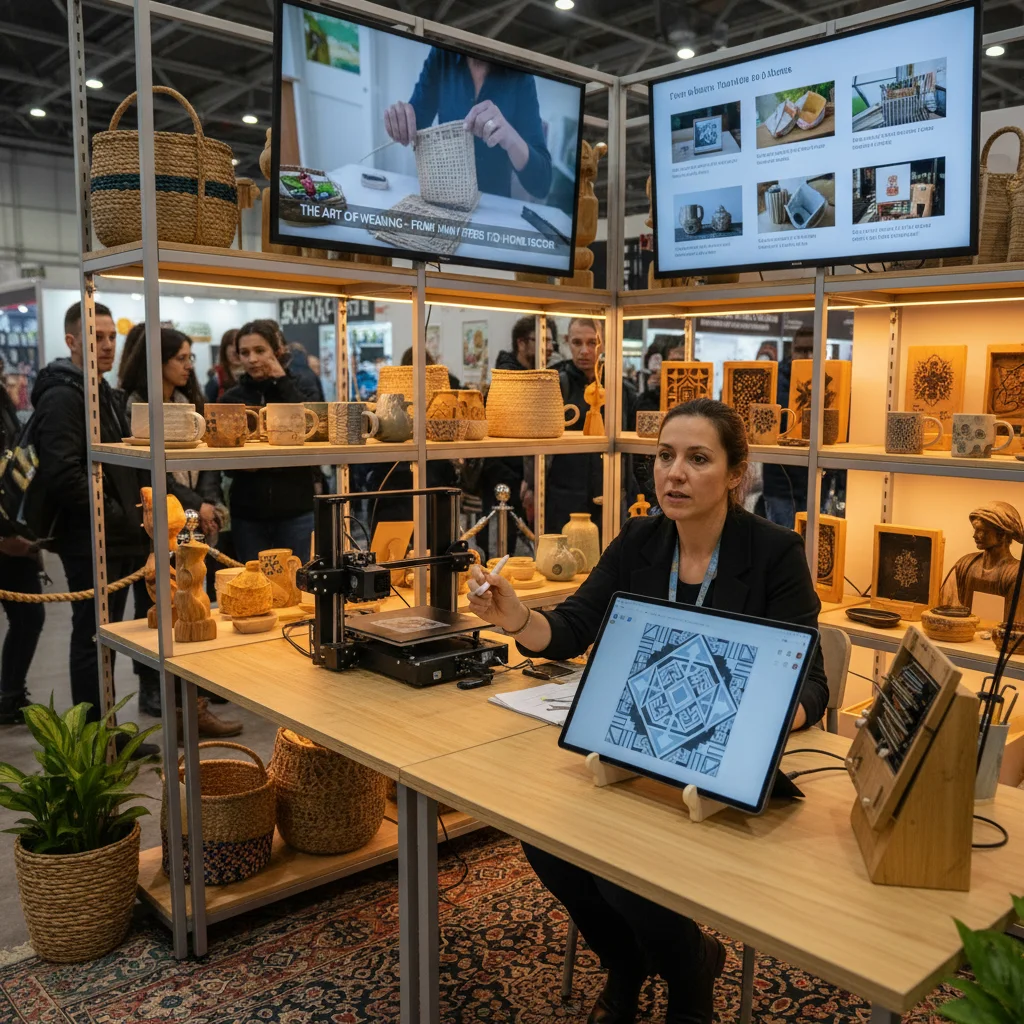 Artisan using tablet for digital crafting design at a modern fair booth