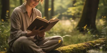 Person reading a book in nature, symbolizing digital detox and focus