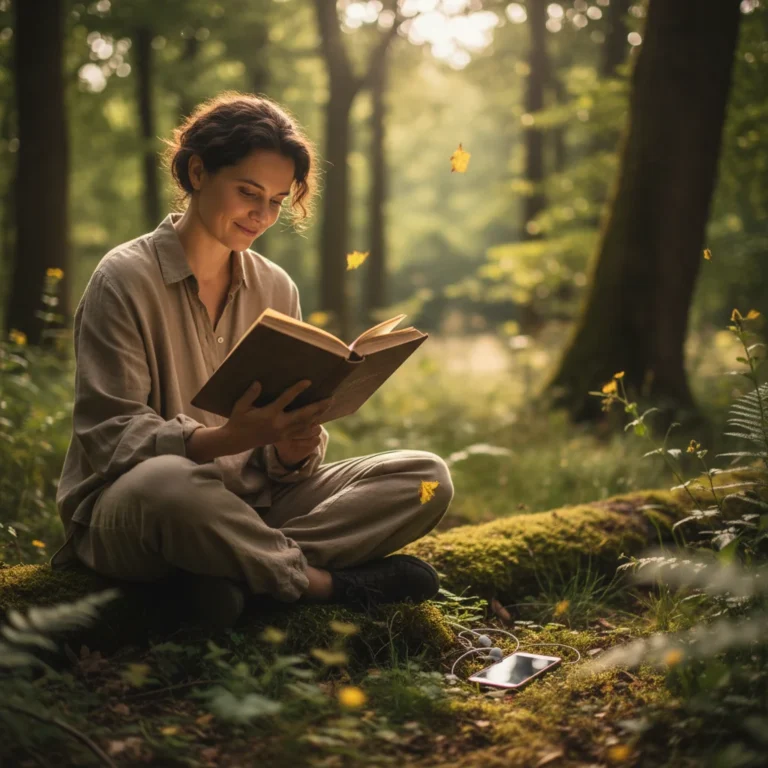 Person reading a book in nature, symbolizing digital detox and focus
