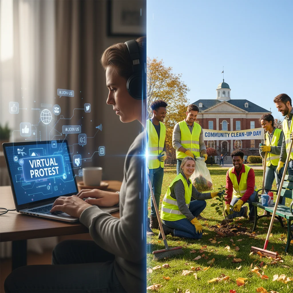 Digital activism contrasted with local community engagement, showing modern civic participation.