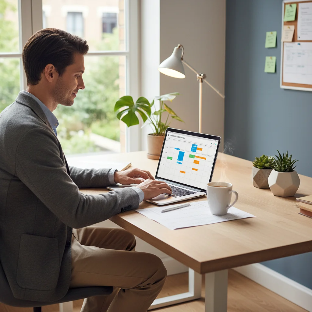 Organized desk with a person planning their day using a digital planner, symbolizing structured time management.