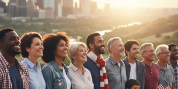 Diverse Americans united, representing evolving patriotism in 2026.