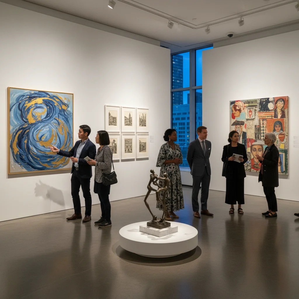 Diverse art collection with strategic pricing in a gallery setting.