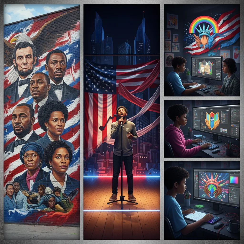 Collage of diverse artistic expressions of American identity and patriotism.