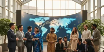 Diverse group of people engaging in cultural exchange with a global backdrop.
