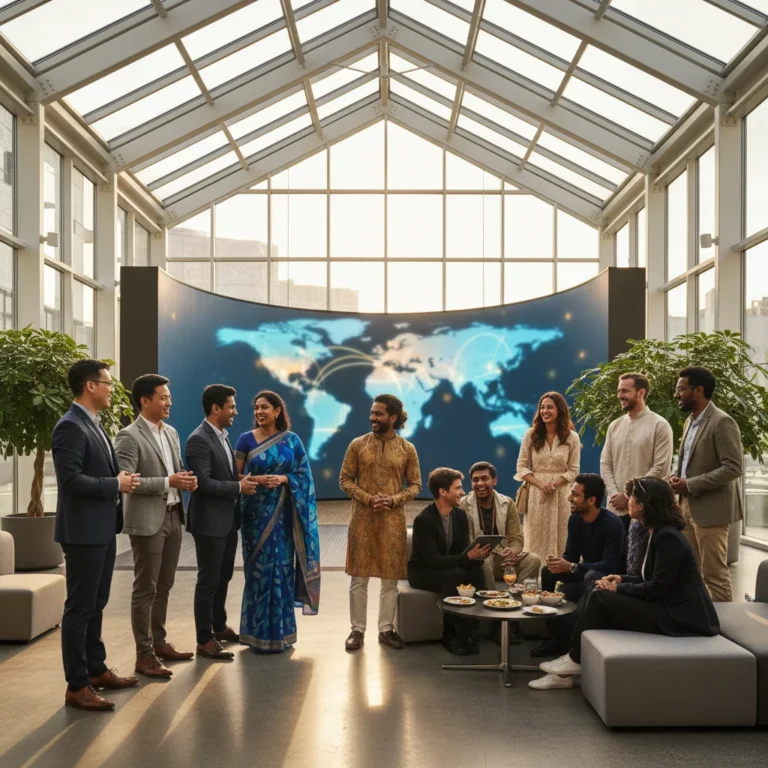 Diverse group of people engaging in cultural exchange with a global backdrop.