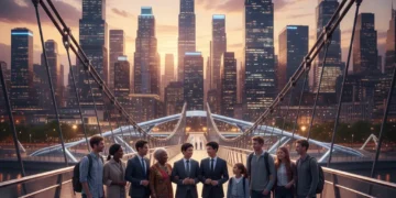 Diverse group on a bridge symbolizing unity and connection