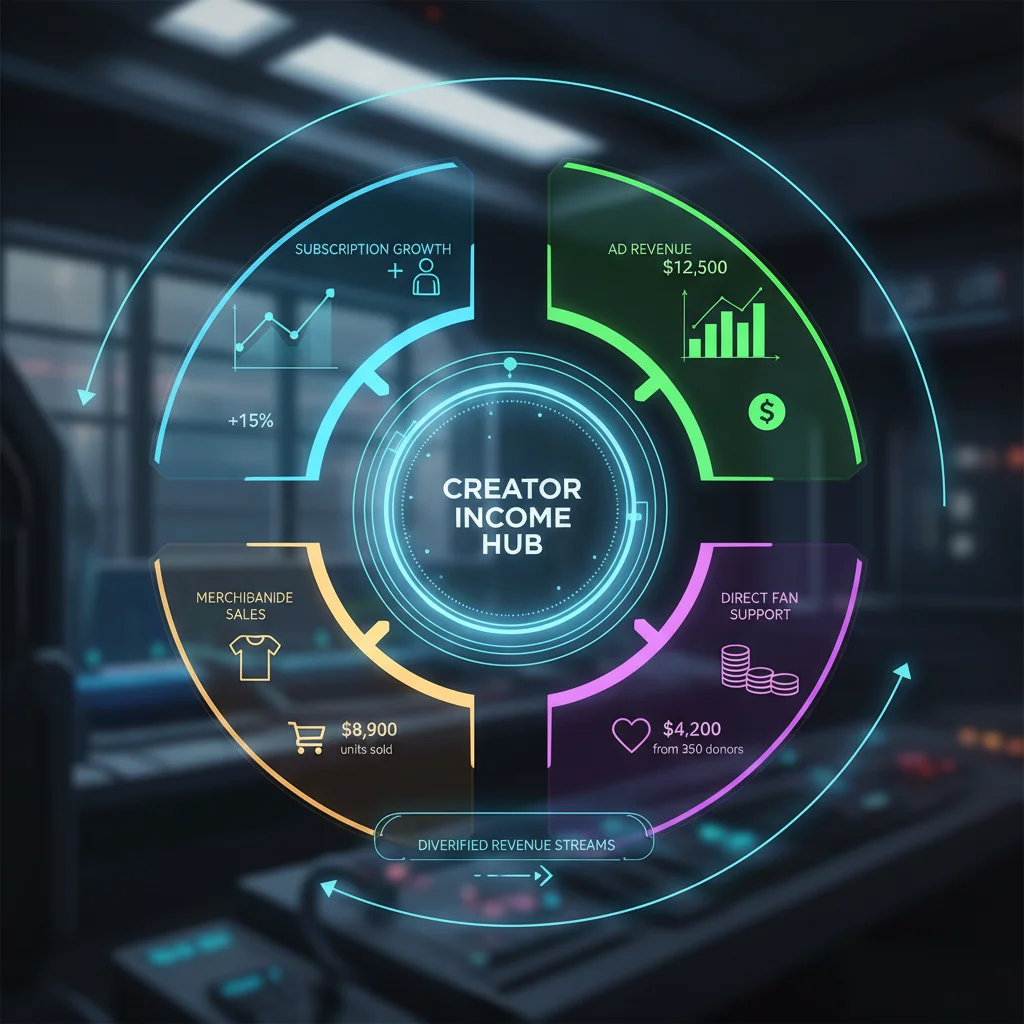 Digital dashboard showing diversified monetization metrics for creators, including subscriptions and merchandise.