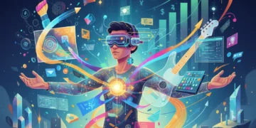 Futuristic digital art showing creative skill diversification leading to income growth.