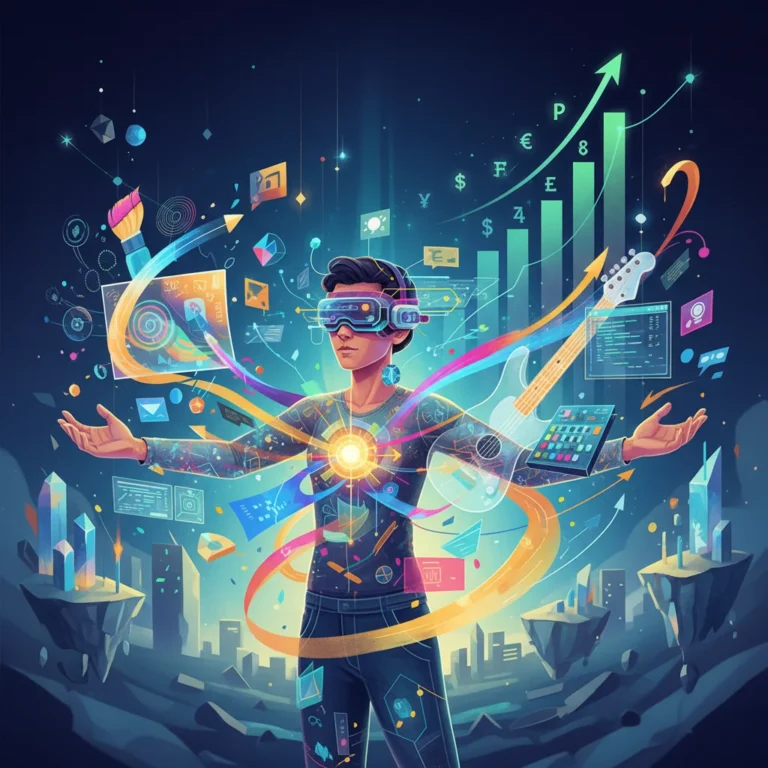 Futuristic digital art showing creative skill diversification leading to income growth.