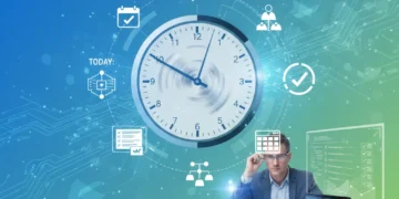 Person confidently managing a busy schedule with digital tools and a clear mind, representing effective time management.