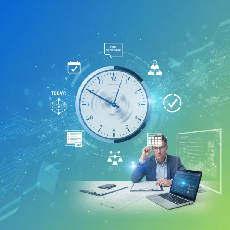Person confidently managing a busy schedule with digital tools and a clear mind, representing effective time management.