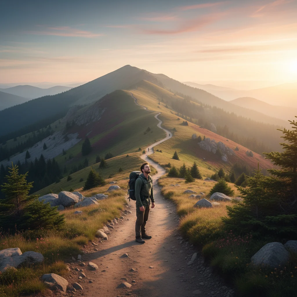 Person looking up a challenging mountain path with determination, symbolizing embracing challenges and overcoming obstacles.