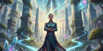 Person confidently embracing change at a crossroads, symbolizing personal evolution