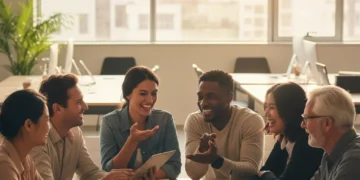 Diverse group collaborating, demonstrating strong emotional intelligence and positive social interaction.