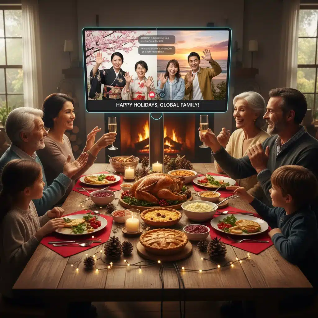 Family video calling during holiday meal with smart display