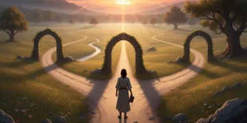 Person contemplating multiple life paths, symbolizing the journey of finding life purpose and clarity.