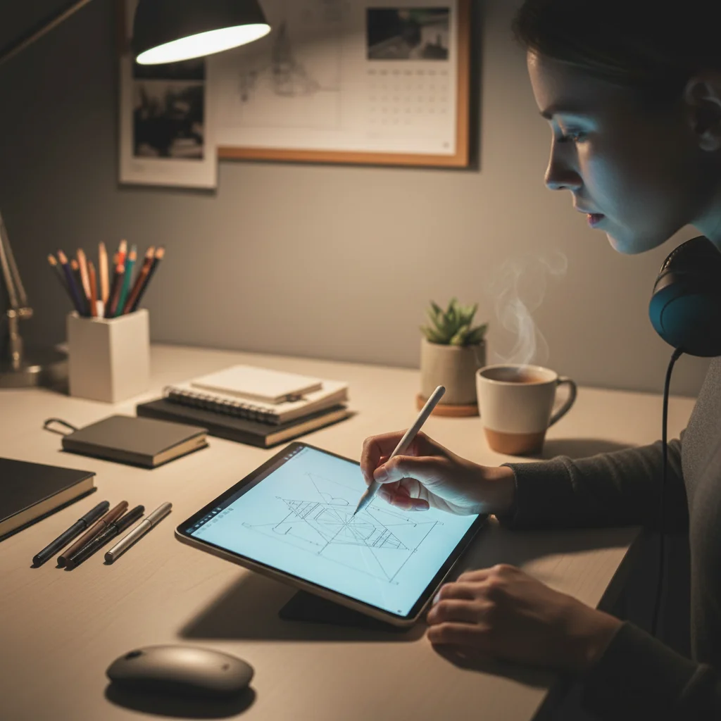 Creative professional using a tablet in a minimalist workspace