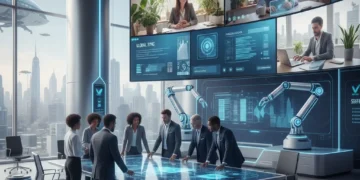Diverse professionals collaborating in a futuristic hybrid work setting with integrated technology.