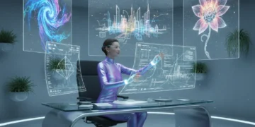 Futuristic artist creating AI art with advanced holographic tools