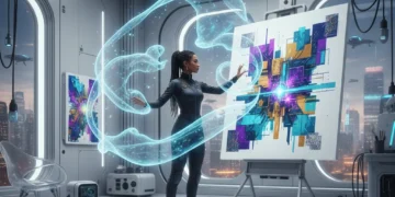 Creative Tech Innovations 2026: Transform Your Art by Year-End Artist interacting with holographic art projections in a futuristic studio, showcasing creative tech innovations.