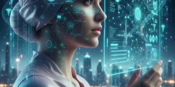 Futuristic bio-integrated wearables seamlessly monitoring health data on a person's body.