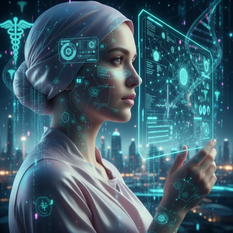 Futuristic bio-integrated wearables seamlessly monitoring health data on a person's body.