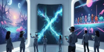Futuristic digital art gallery displaying diverse art trends of 2026
