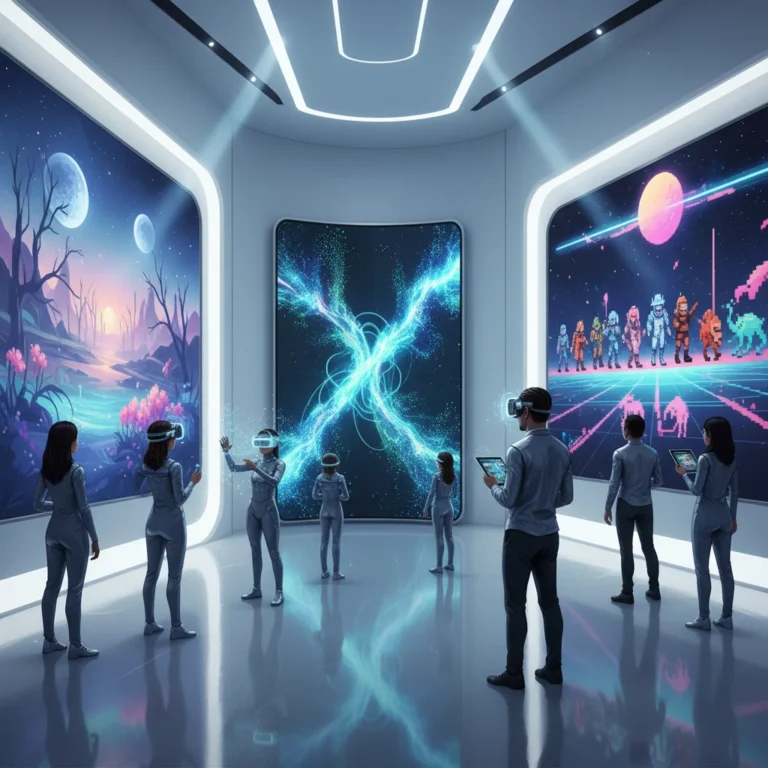 Futuristic digital art gallery displaying diverse art trends of 2026