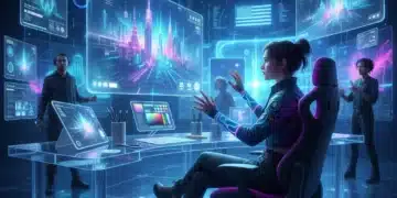 Futuristic digital art studio with US artist using advanced tools