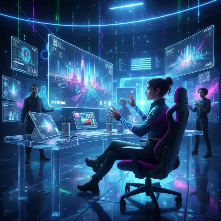 Futuristic digital art studio with US artist using advanced tools