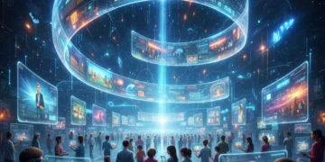Futuristic digital landscape illustrating interconnected data and engaged audience, symbolizing advanced digital storytelling.