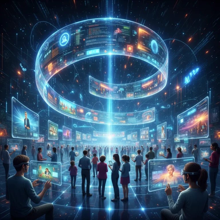 Futuristic digital landscape illustrating interconnected data and engaged audience, symbolizing advanced digital storytelling.