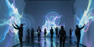 Visitors immersed in a futuristic interactive art installation with digital projections and light effects.