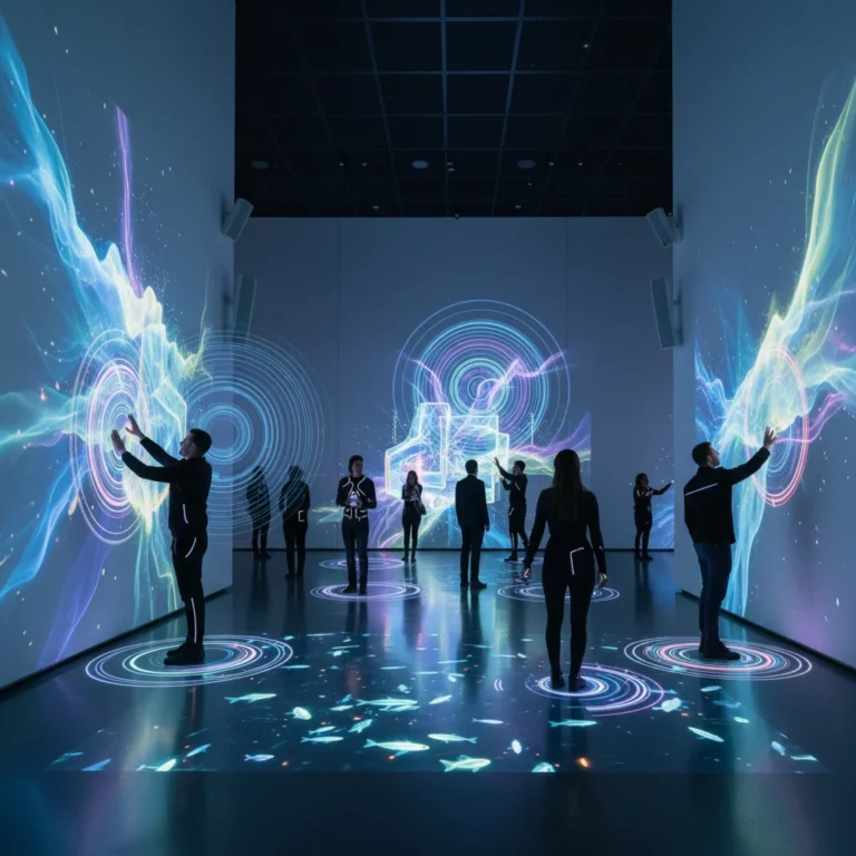 Visitors immersed in a futuristic interactive art installation with digital projections and light effects.