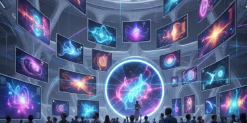 Futuristic digital art gallery with diverse NFT artworks
