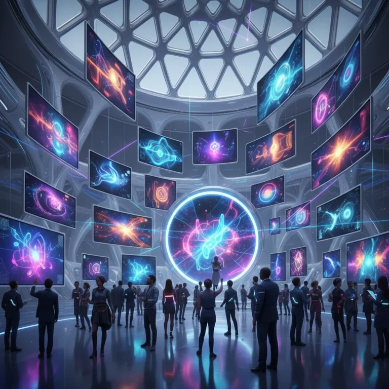 Futuristic digital art gallery with diverse NFT artworks
