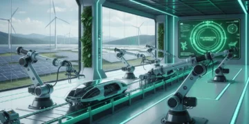 Futuristic sustainable manufacturing facility with robotic automation