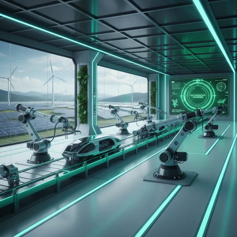 Futuristic sustainable manufacturing facility with robotic automation