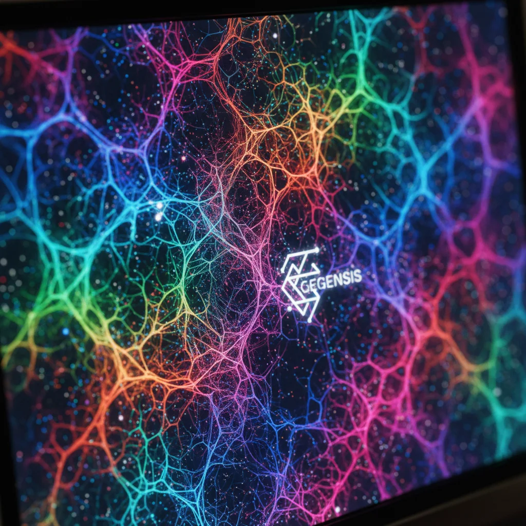 Intricate generative art displaying complex algorithmic patterns and vibrant colors