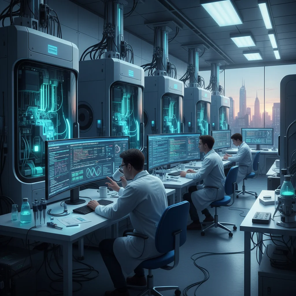 Scientists analyzing genetic sequencing data in a high-tech laboratory