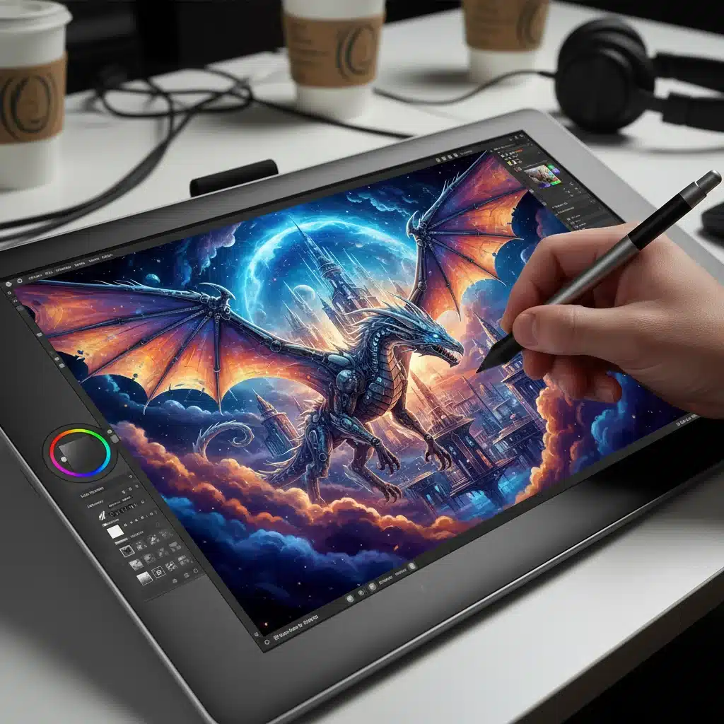 Artist using graphic tablet for digital painting